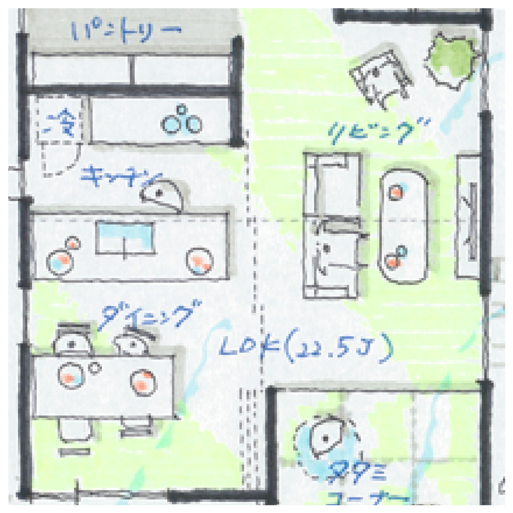 マドリー建築家の間取りの1階のLDK