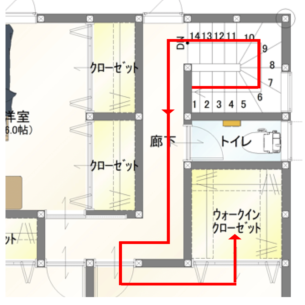 よくない間取りの2階の洗濯動線